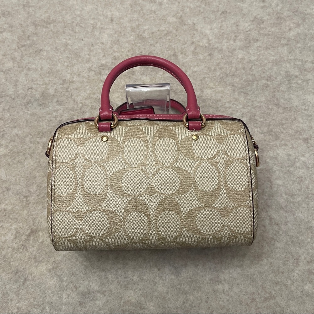 Coach Mini Rowan Signature Tan Canvas Pink Rogue Leather Trim Crossbody Bag - Picture 5 of 17